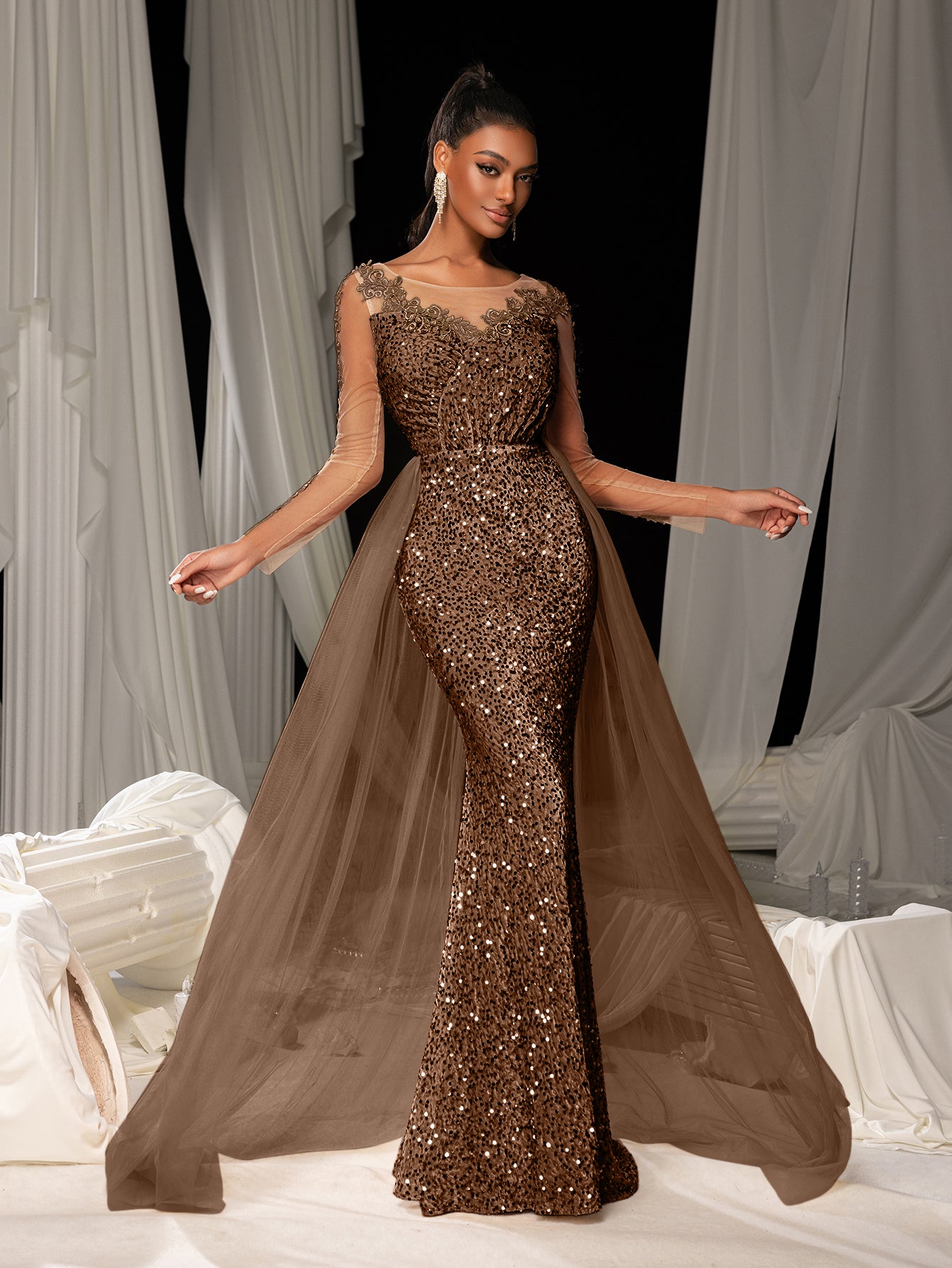 Elegant Sheer Sleeves Mesh Train Sequin Evening Dress