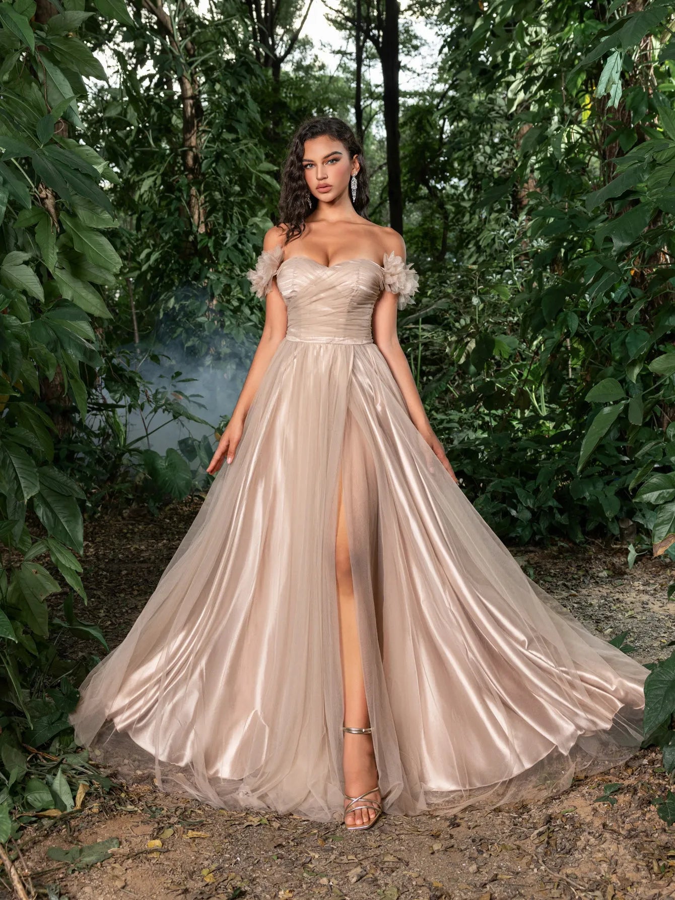 Elegant Off Shoulder Ruched Bust Split Thigh Tulle Prom Dress