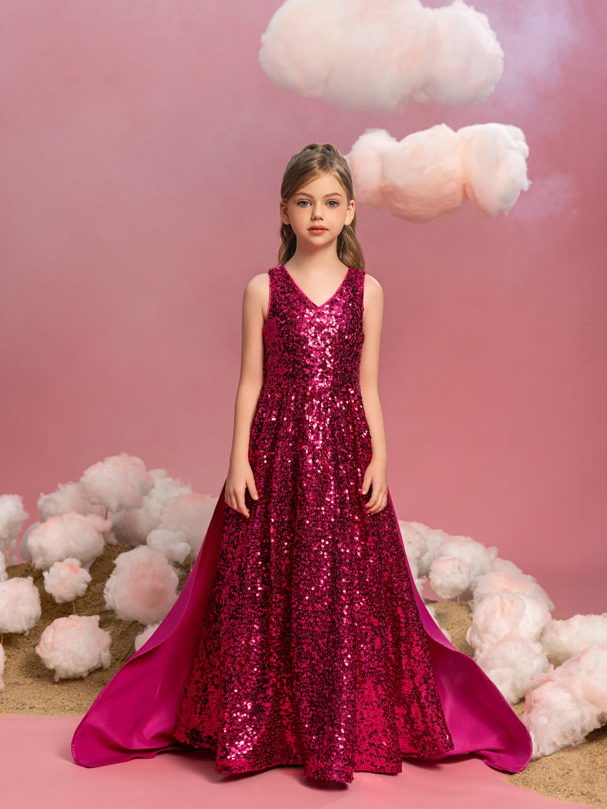 Tween-Mädchen-Partykleid mit Schleife am Rücken, ärmellos, Kontrast-Satin und Pailletten 