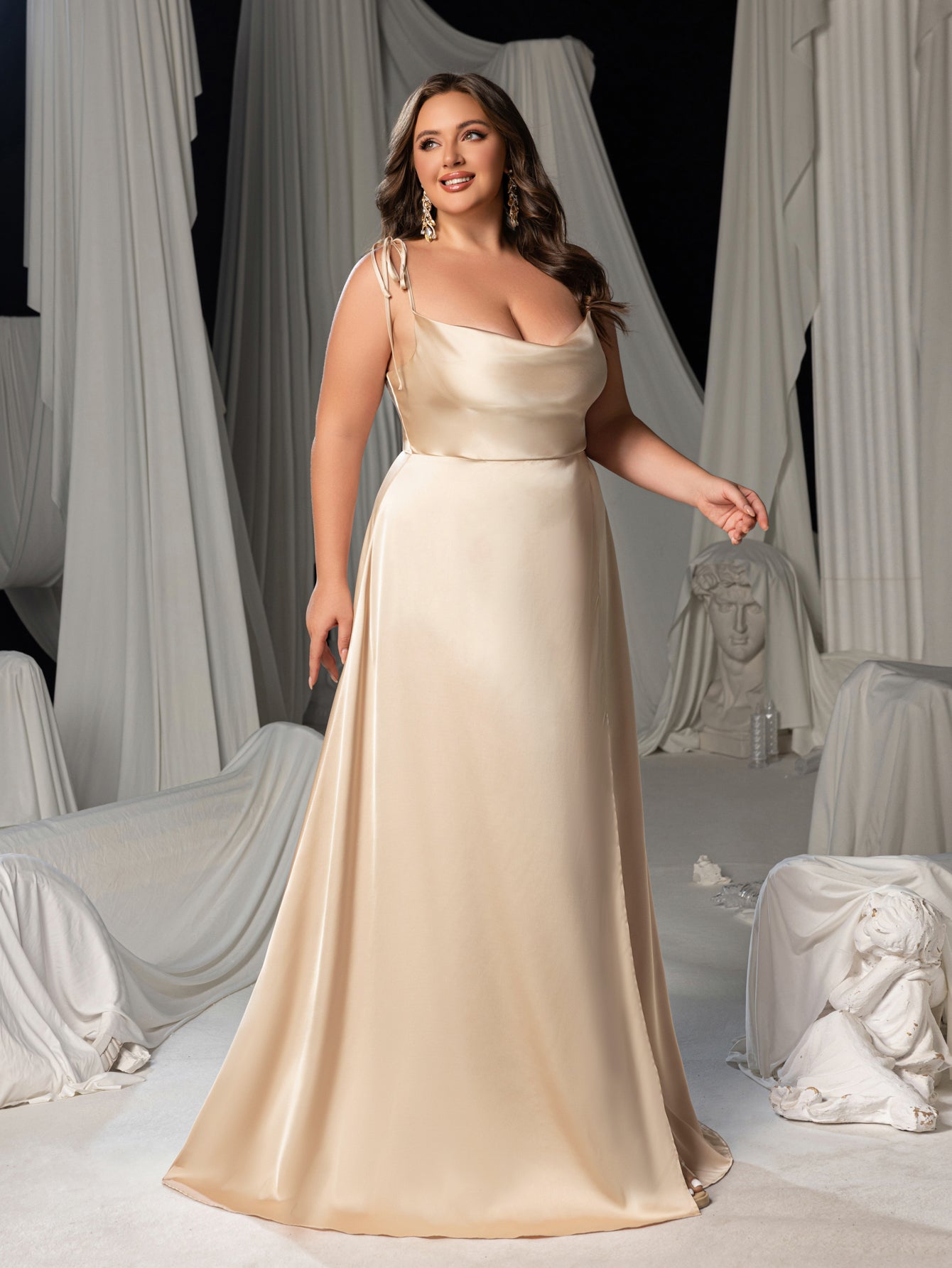 Plus Satin Spaghetti Straps Formal Evening Dress with High Slit