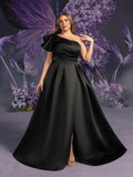 Plus-Size Dramatic Black Bridal Gowns: Asymmetrical One-Shoulder & Backless Satin Ball Dresses with Floor-Length Silhouette