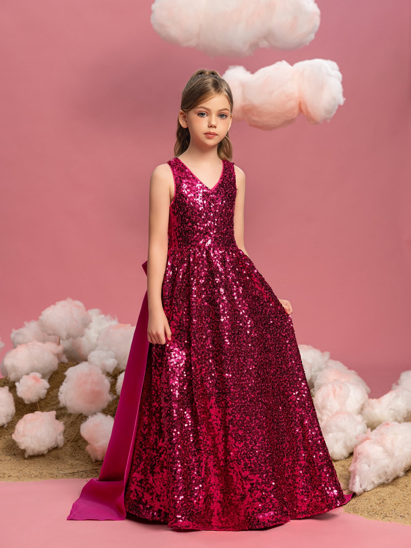 Tween-Mädchen-Partykleid mit Schleife am Rücken, ärmellos, Kontrast-Satin und Pailletten 