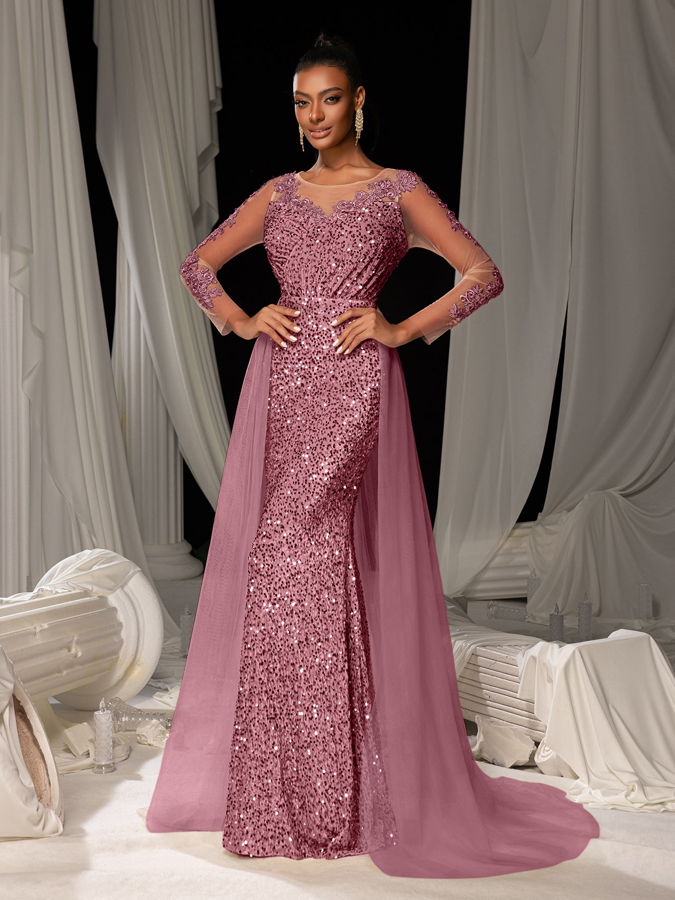 Elegant Sheer Sleeves Mesh Train Sequin Evening Dress