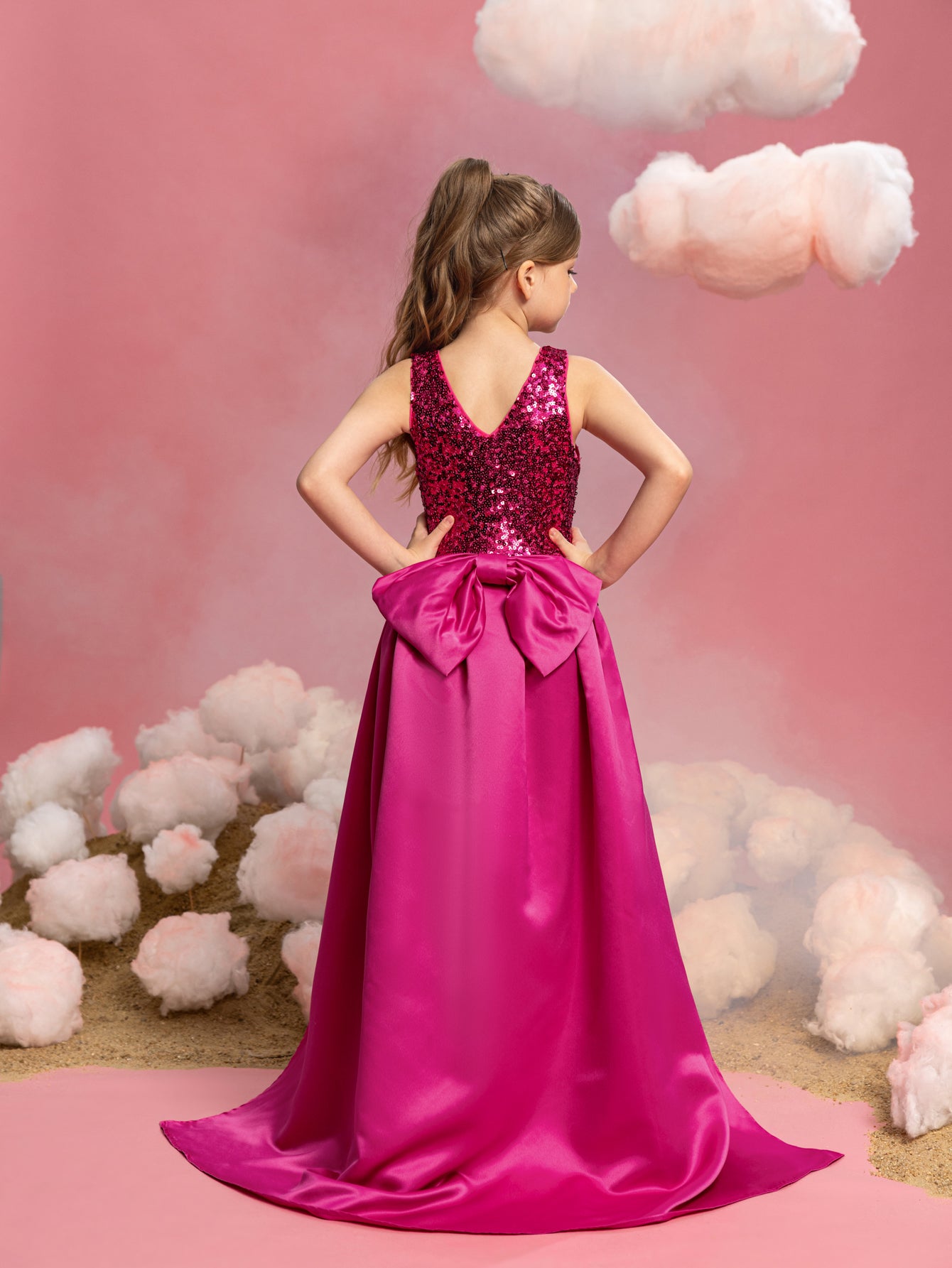 Tween-Mädchen-Partykleid mit Schleife am Rücken, ärmellos, Kontrast-Satin und Pailletten 