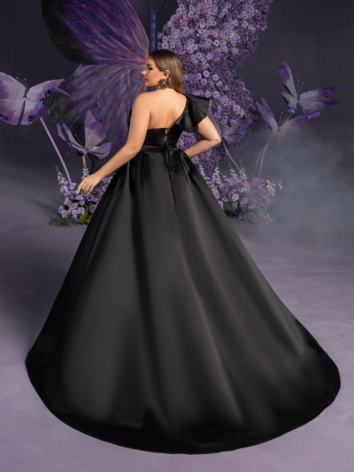 Plus-Size Dramatic Black Bridal Gowns: Asymmetrical One-Shoulder & Backless Satin Ball Dresses with Floor-Length Silhouette