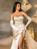 Elegant Strapless Evening Gown with Boning Structure, Rhinestone Embellishments, Ruching Midsection & High Side Slit | Figure-Flattering Formal Dress for Galas & Special Occasions