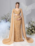 Maternity Plunging Neck Cape Sleeves Mermaid Hem Sequin Evening Dress