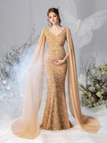 Maternity Plunging Neck Cape Sleeves Mermaid Hem Sequin Evening Dress