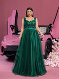 Plus Elegant Scoop Neck Floral Applique Bodice Tulle Evening Dress