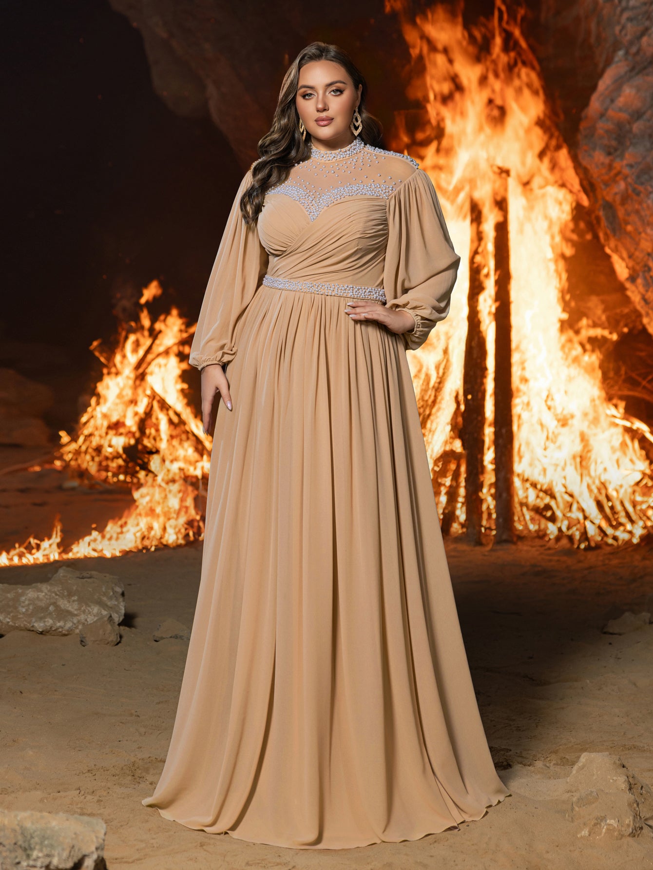 Plus Embellished High Neck Formal Dress | Long Sleeve Gown with Statement Waist & Full Skirt