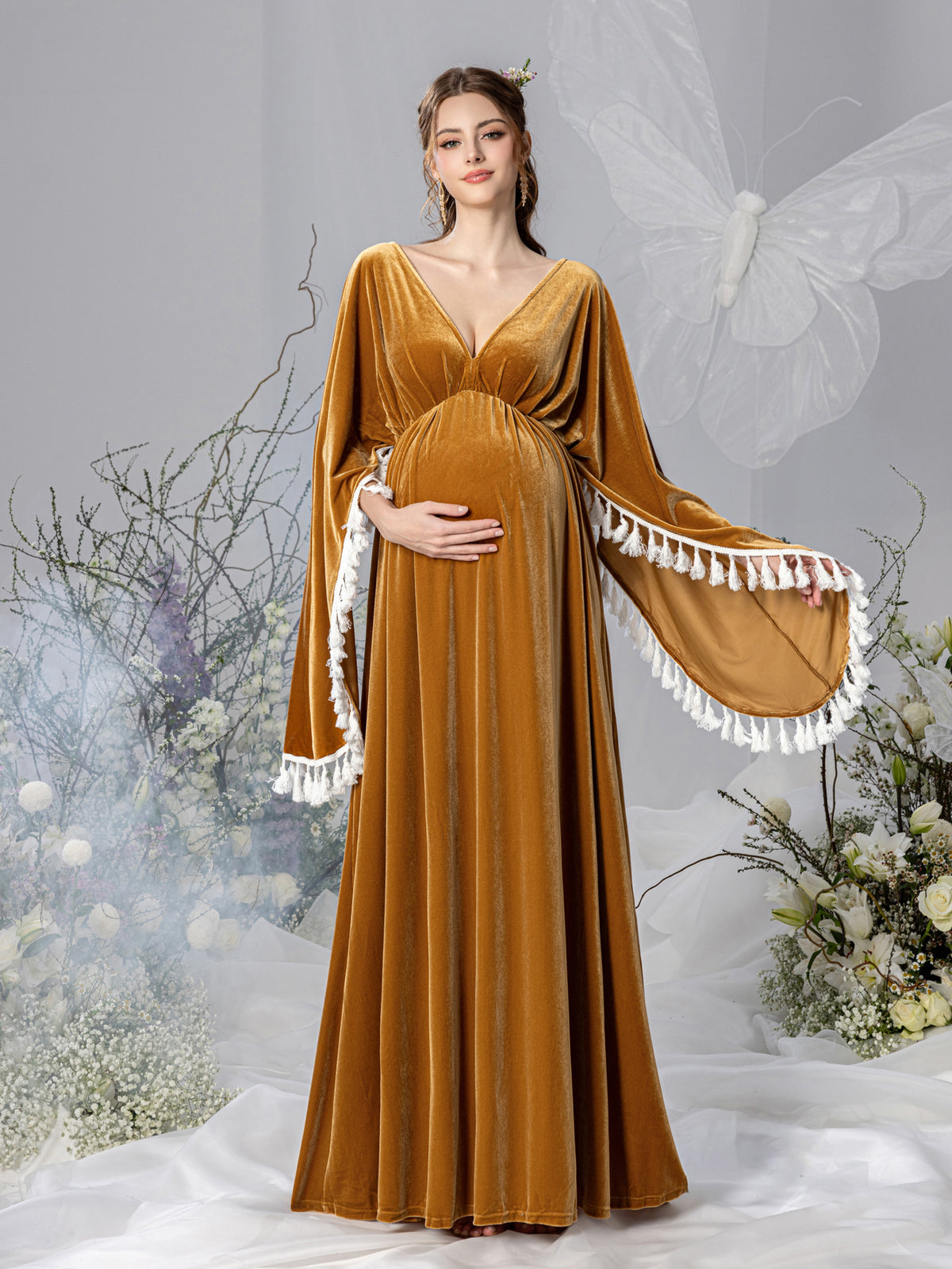 Maternity Backless Cape Sleeves Velvet Party Dress