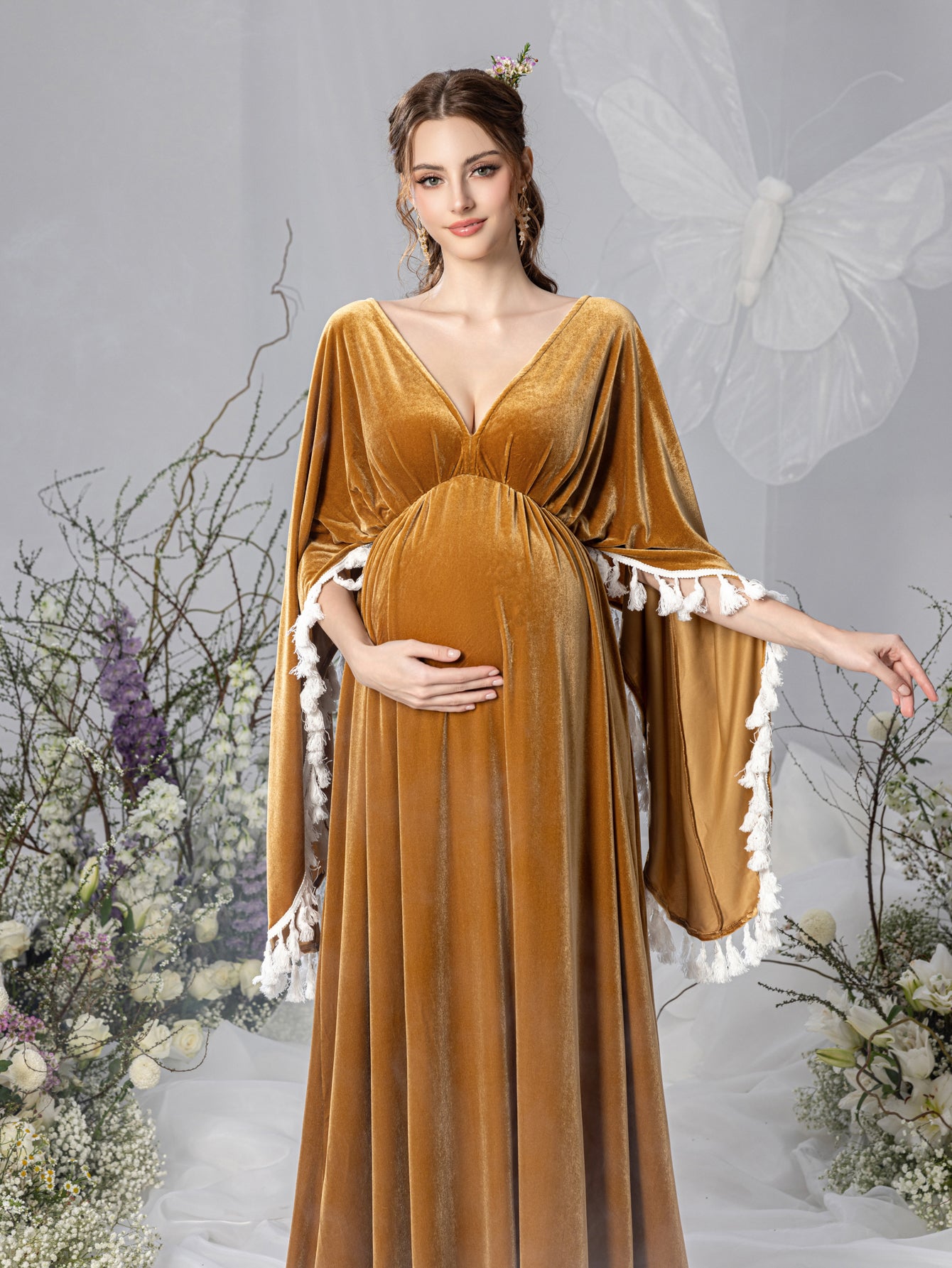 Maternity Backless Cape Sleeves Velvet Party Dress