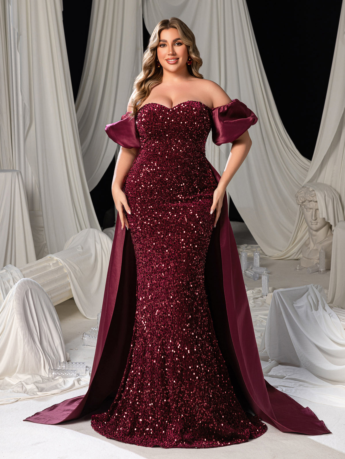 Plus Off Shoulder Puff Sleeves Satin Sequin Mermaid Dress