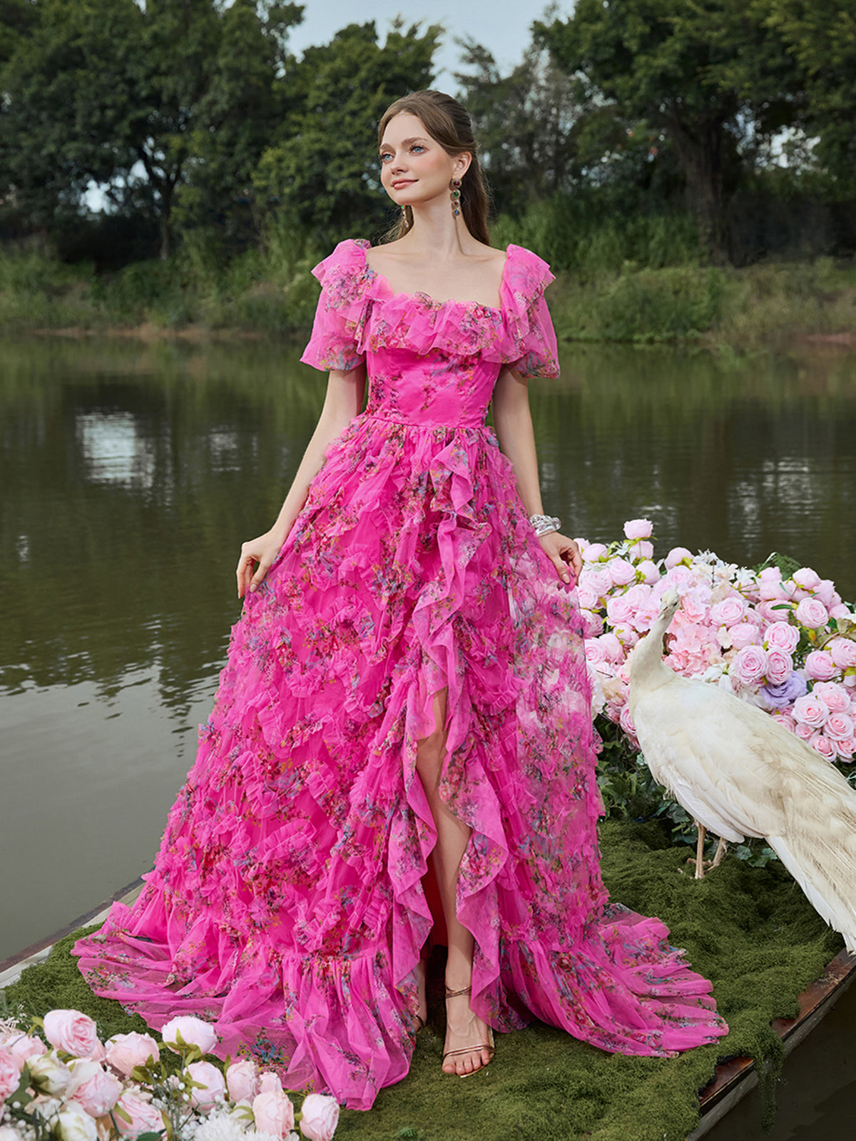 Elegant Ruffle Trim Puff Sleeves Floral Organza Prom Dress