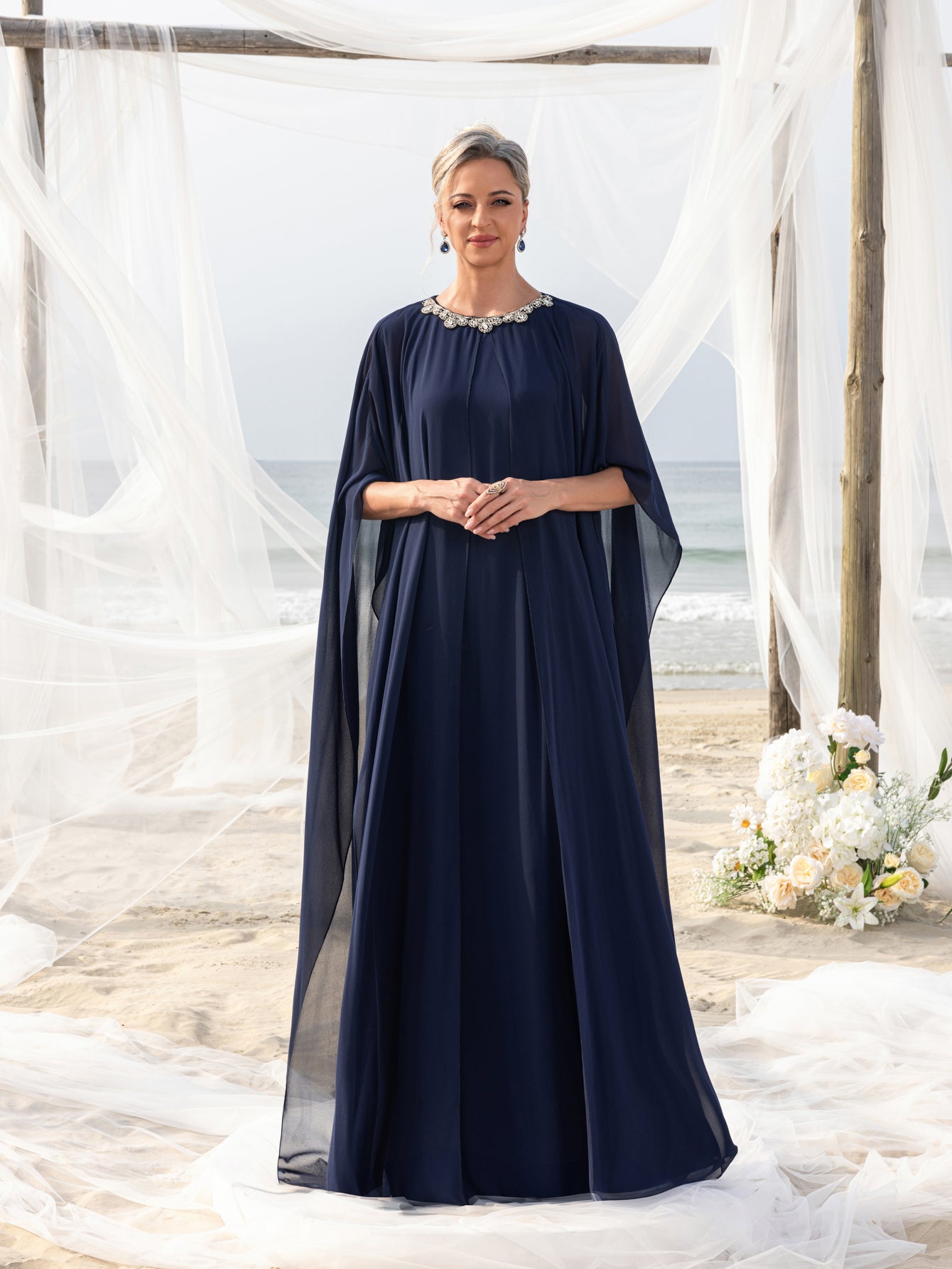 Womens' Embellished Round -Neck Formal Dress with Sheer Chiffon Cape Sleeves