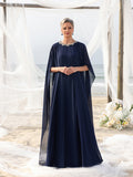 Womens' Embellished Round -Neck Formal Dress with Sheer Chiffon Cape Sleeves