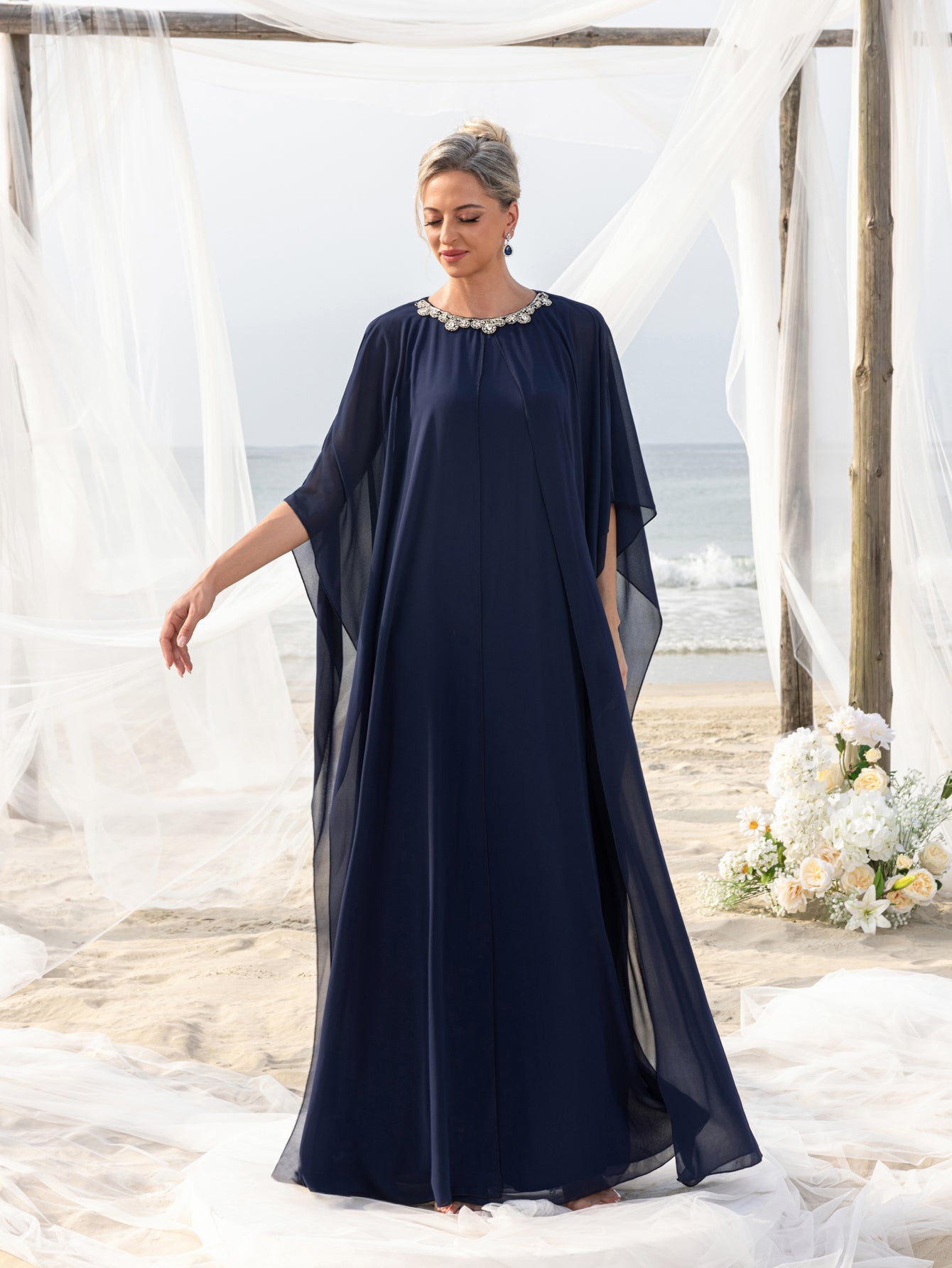 Womens' Embellished Round -Neck Formal Dress with Sheer Chiffon Cape Sleeves