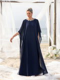 Womens' Embellished Round -Neck Formal Dress with Sheer Chiffon Cape Sleeves