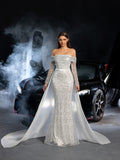 Gorgeous Off Shoulder Sheer Sleeves Mermaid Hem Sequin Wedding Dress with Satin Train