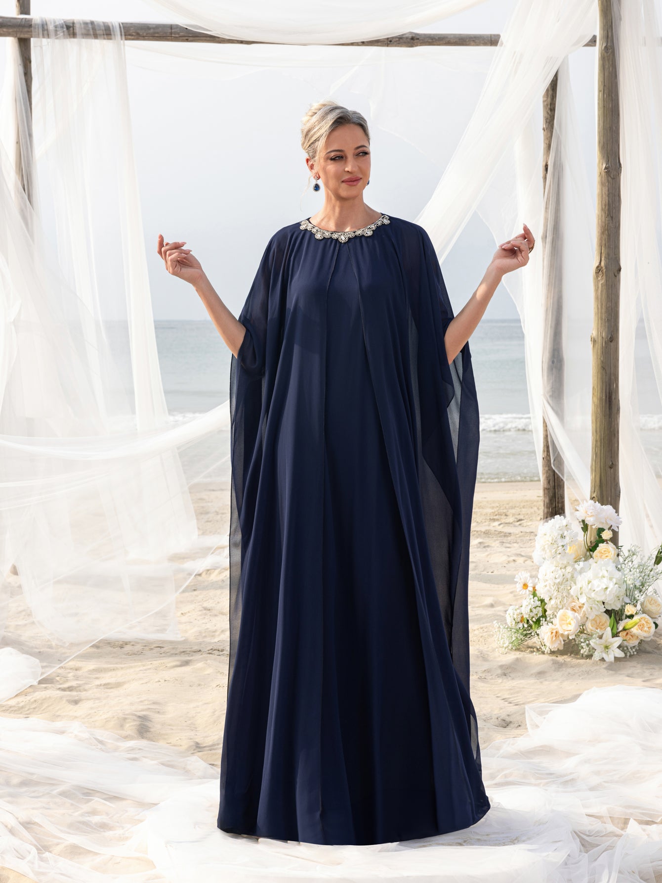 Womens' Embellished Round -Neck Formal Dress with Sheer Chiffon Cape Sleeves