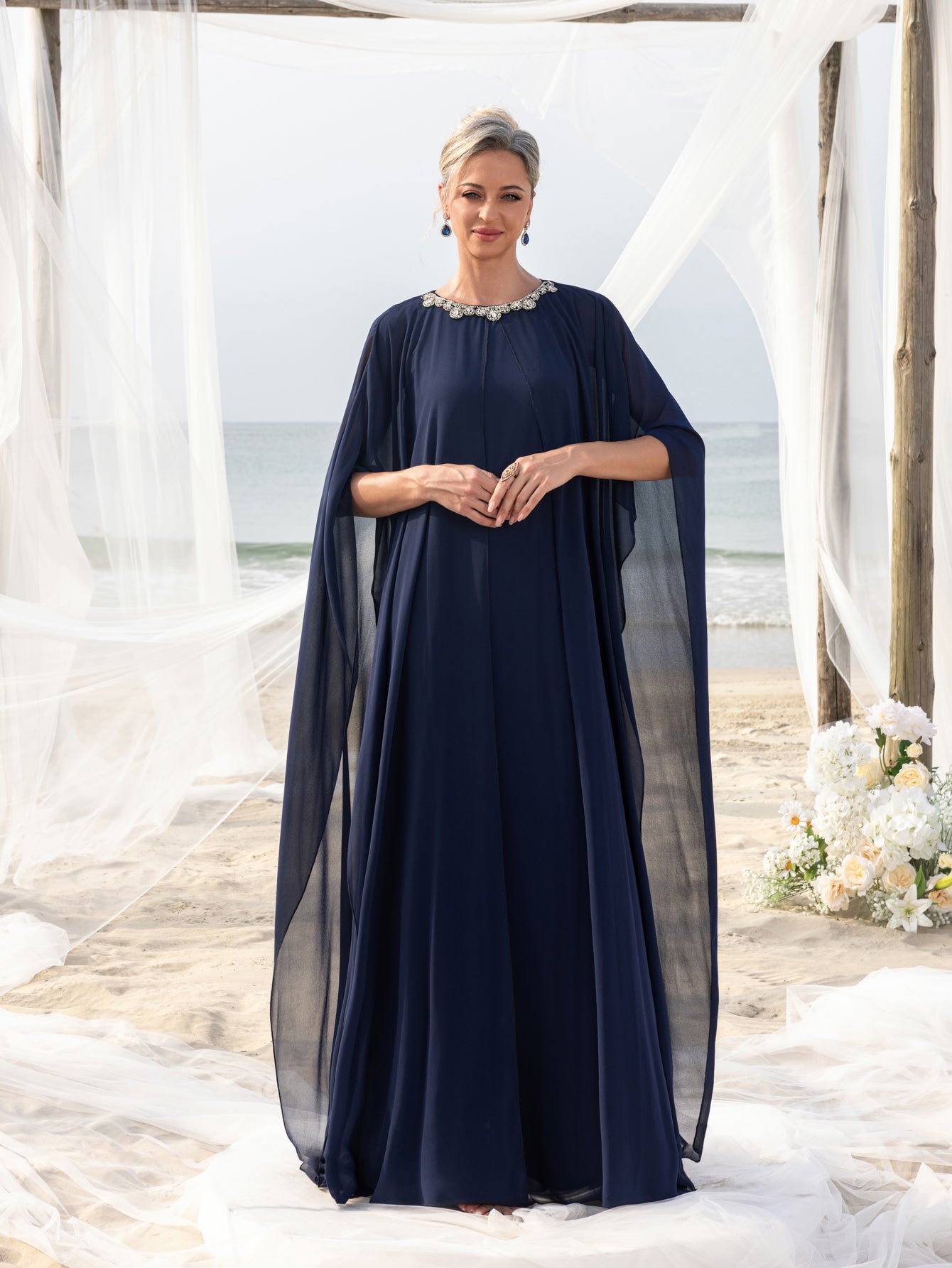 Womens' Embellished Round -Neck Formal Dress with Sheer Chiffon Cape Sleeves