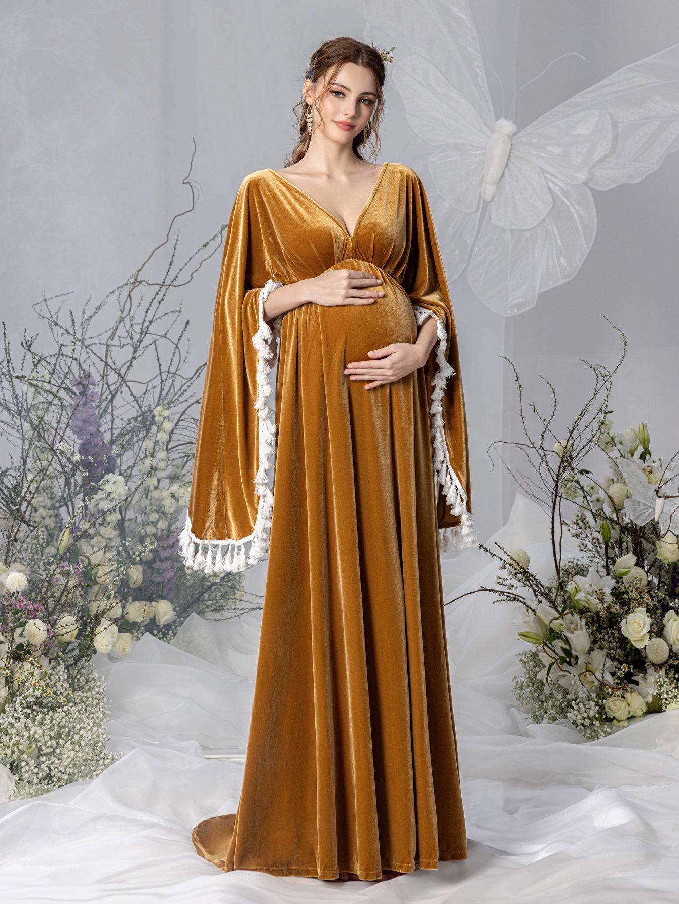 Maternity Backless Cape Sleeves Velvet Party Dress