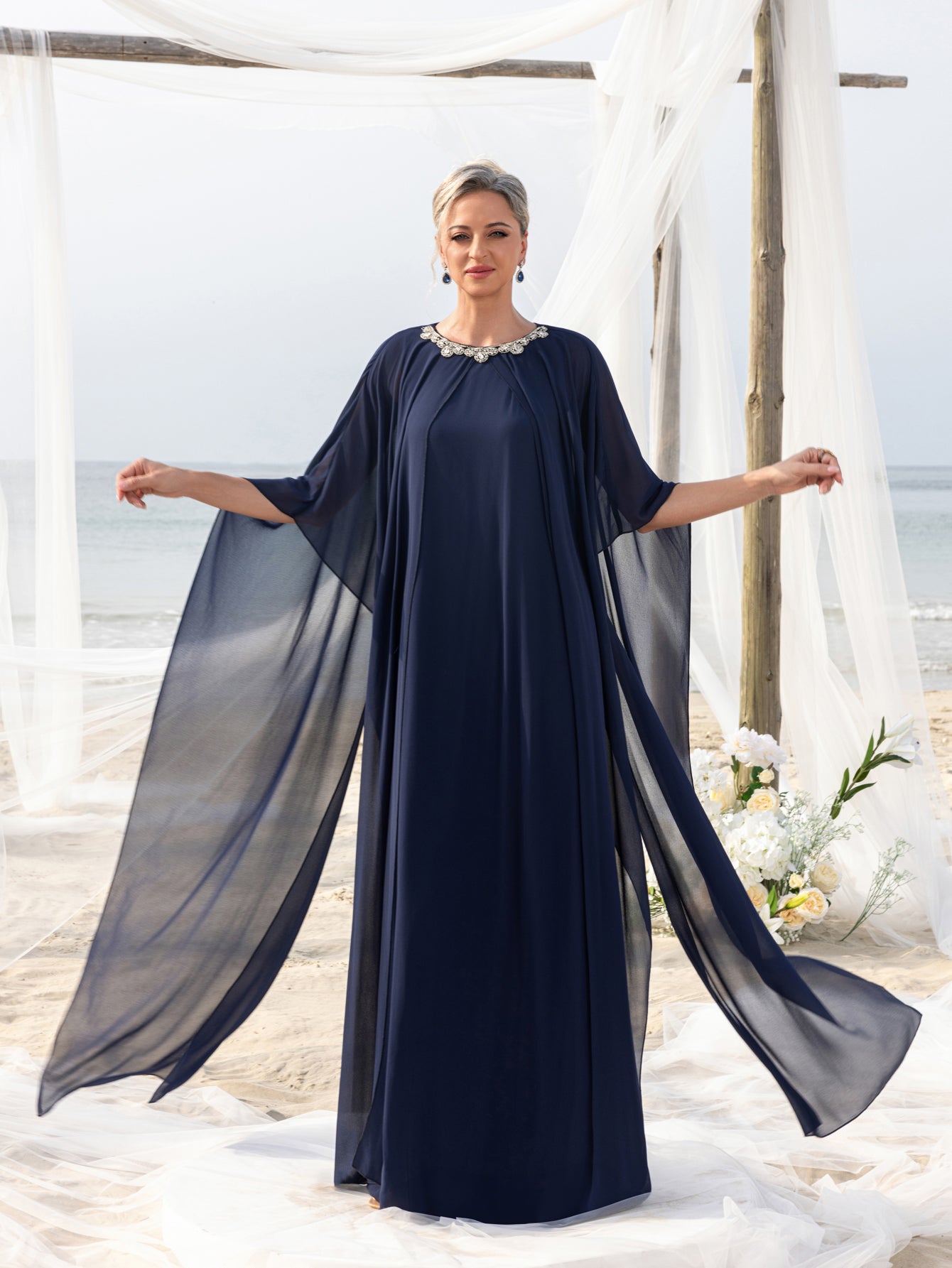 Womens' Embellished Round -Neck Formal Dress with Sheer Chiffon Cape Sleeves
