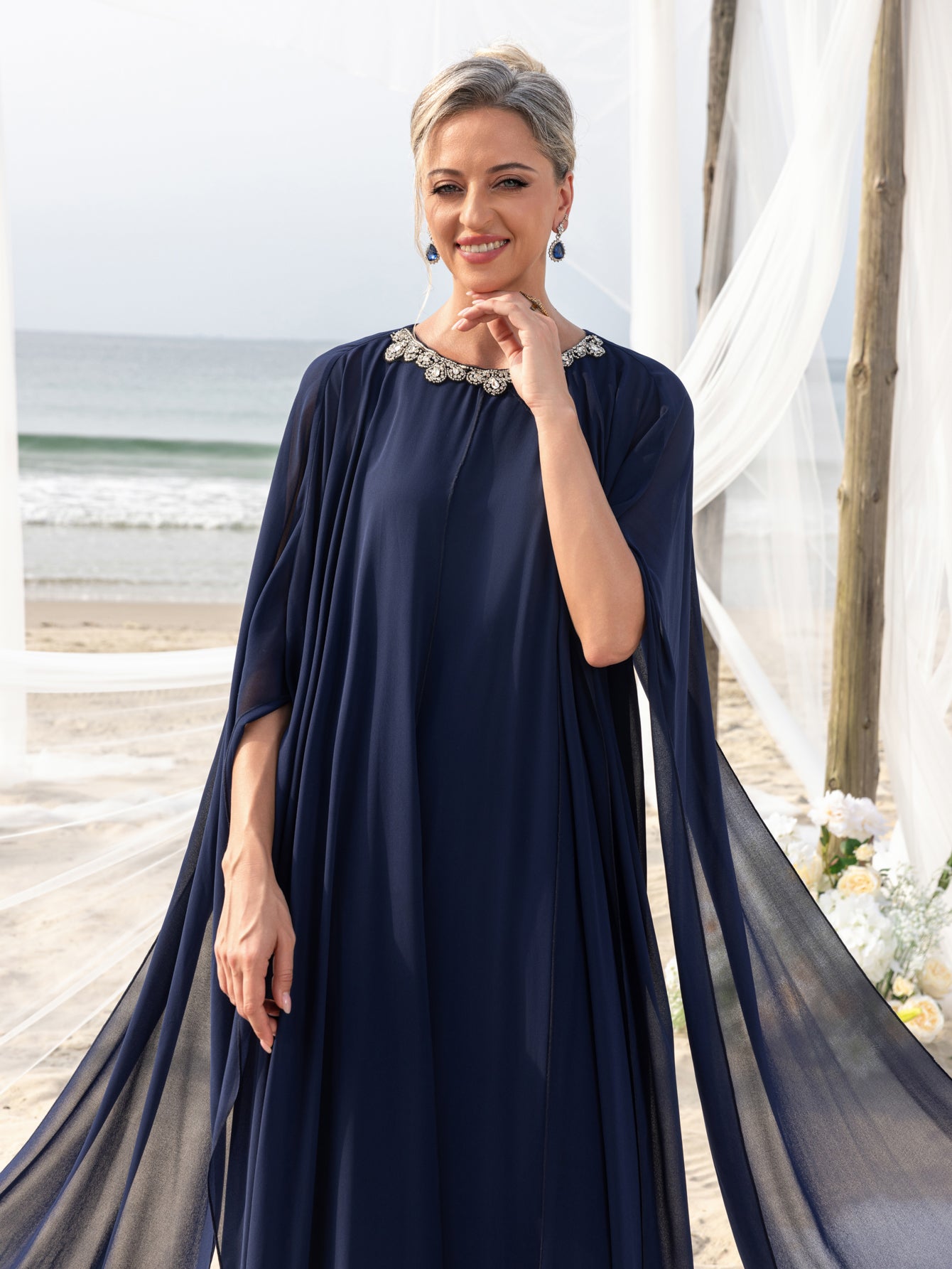 Womens' Embellished Round -Neck Formal Dress with Sheer Chiffon Cape Sleeves