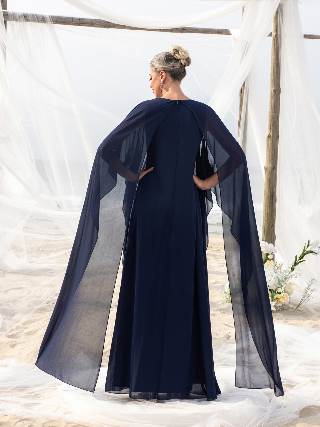 Womens' Embellished Round -Neck Formal Dress with Sheer Chiffon Cape Sleeves