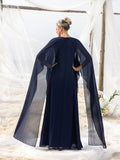 Womens' Embellished Round -Neck Formal Dress with Sheer Chiffon Cape Sleeves