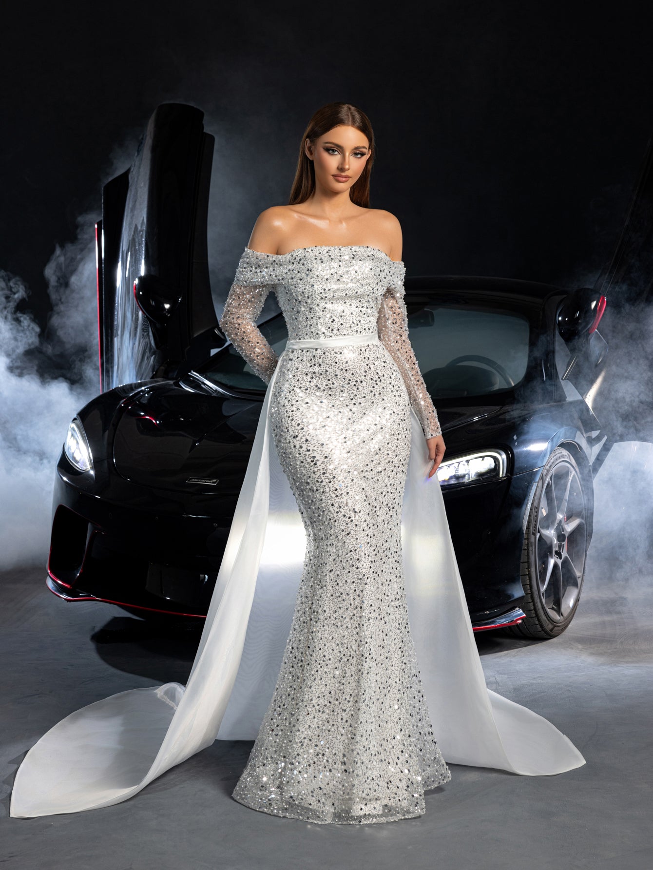 Gorgeous Off Shoulder Sheer Sleeves Mermaid Hem Sequin Wedding Dress with Satin Train