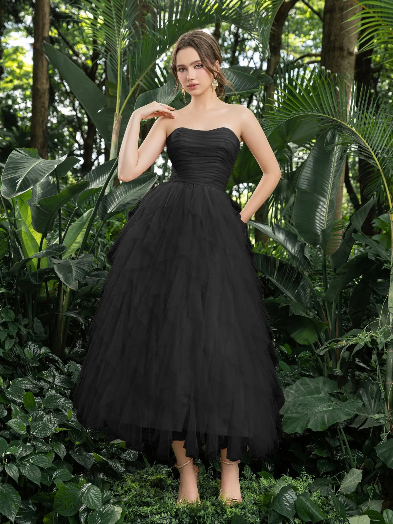 Midi Ruched Bustier Cascading Ruffle Hem Tulle Party Tube Dress