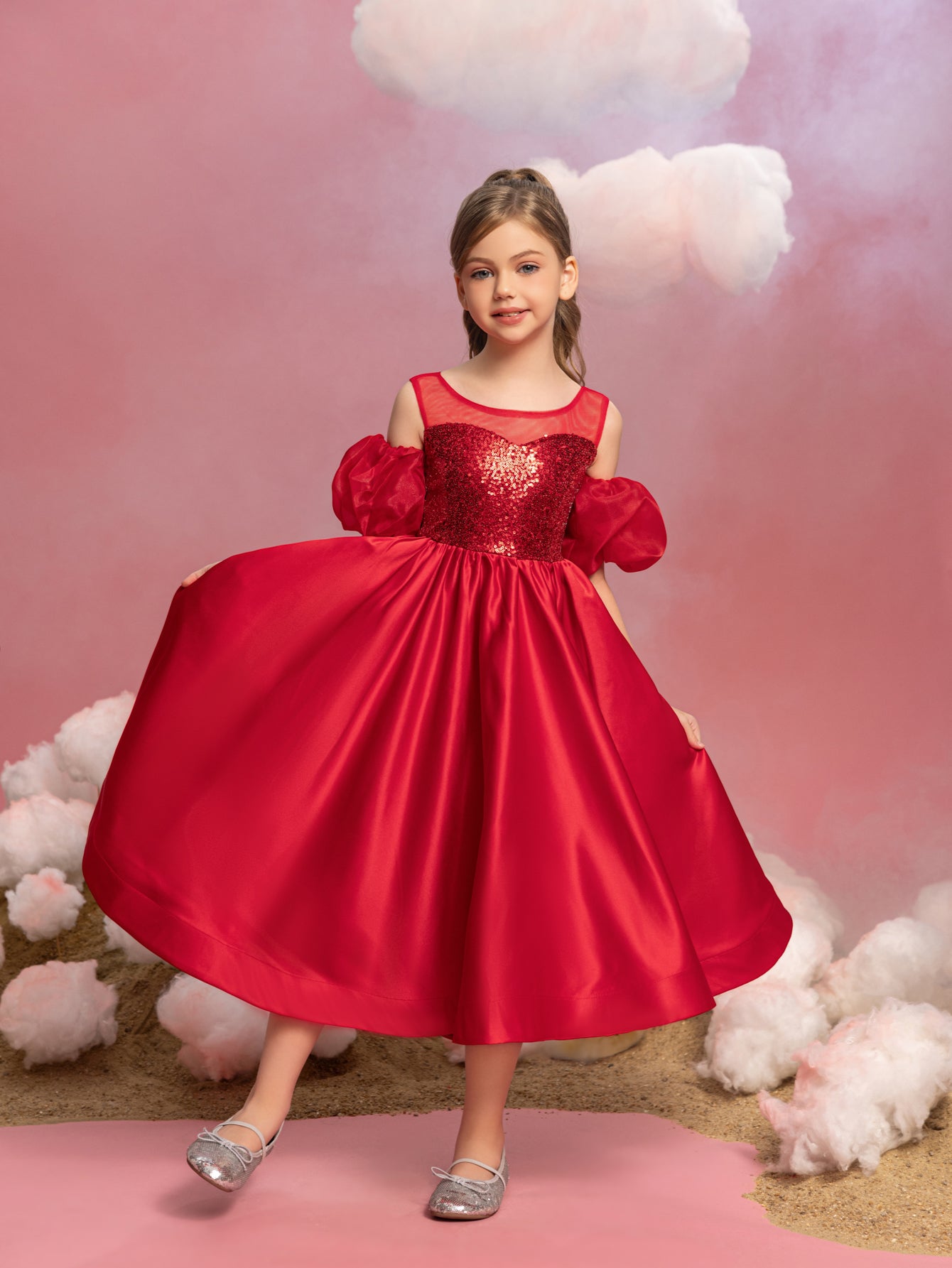 Tween-Mädchen-Kleid aus Satin mit Puffärmeln und Pailletten in Kontrastfarbe 