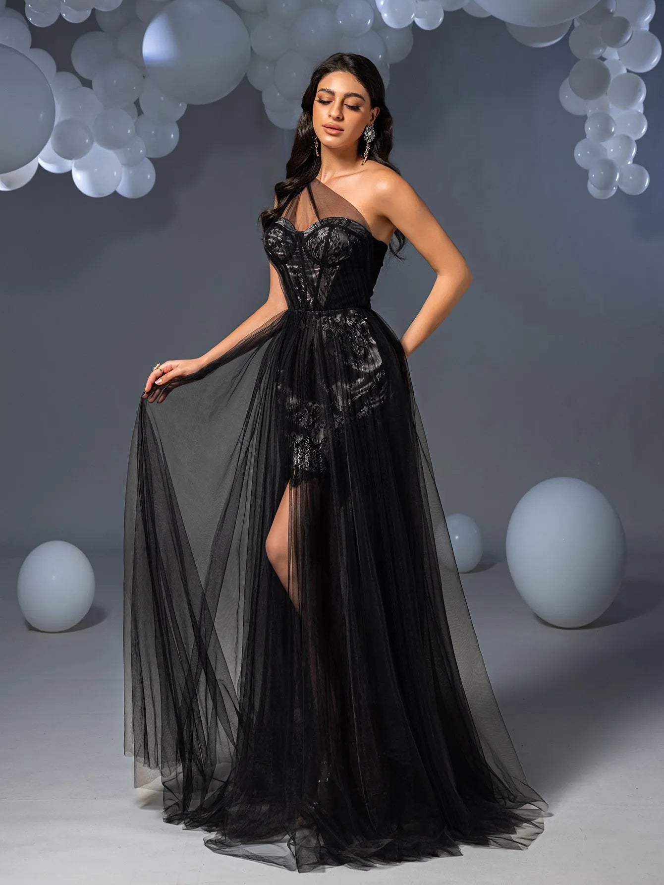 Elegant One Shoulder Mesh Overlay Lace Party Dress