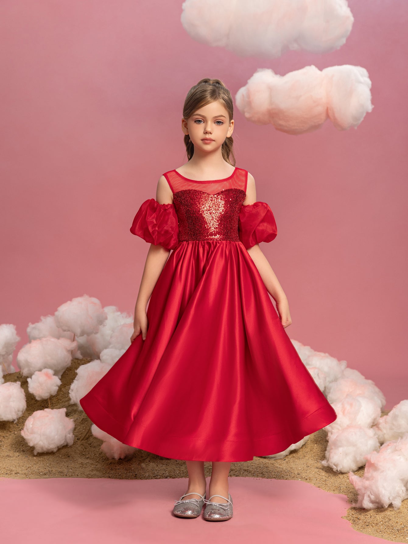 Tween-Mädchen-Kleid aus Satin mit Puffärmeln und Pailletten in Kontrastfarbe 