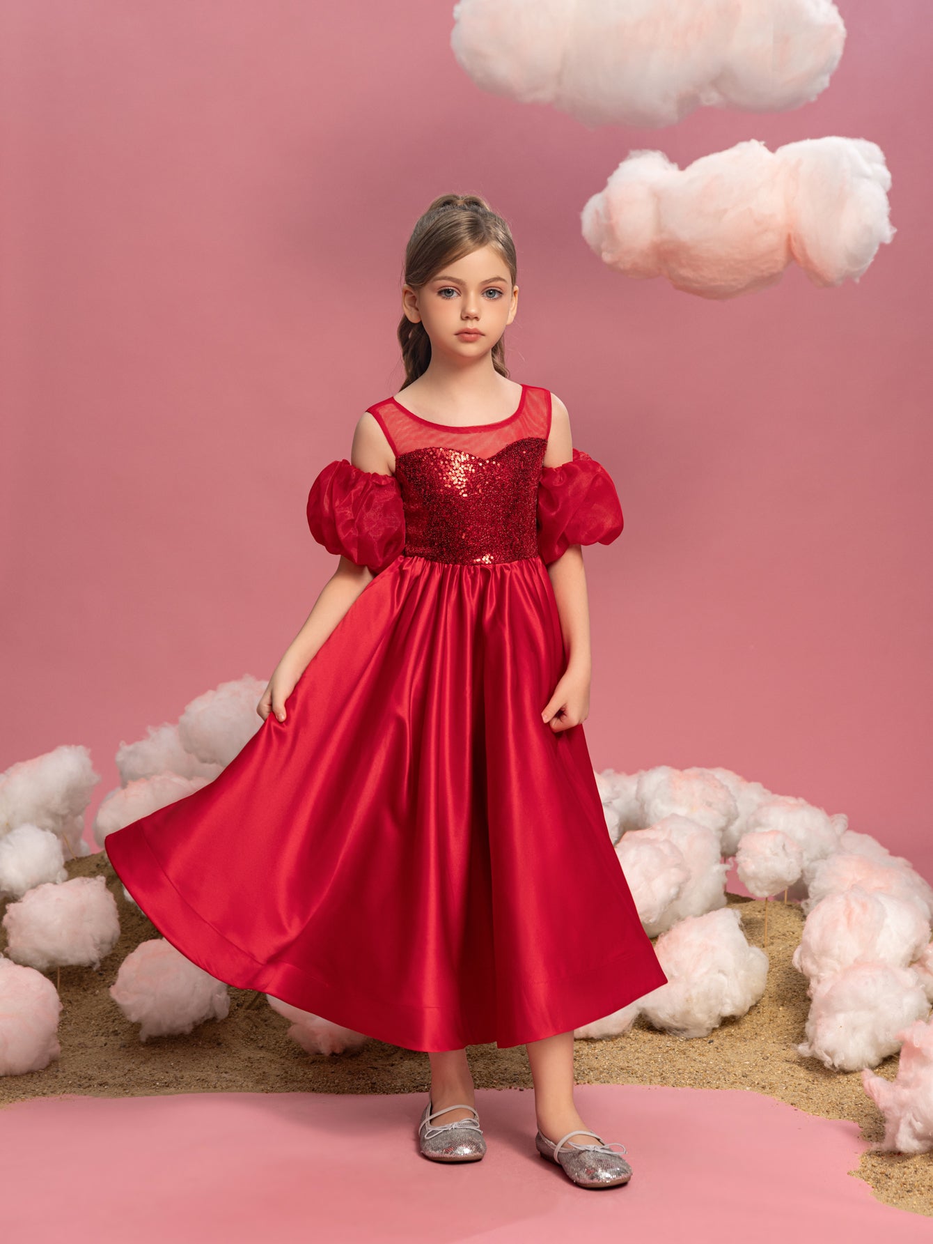 Tween-Mädchen-Kleid aus Satin mit Puffärmeln und Pailletten in Kontrastfarbe 