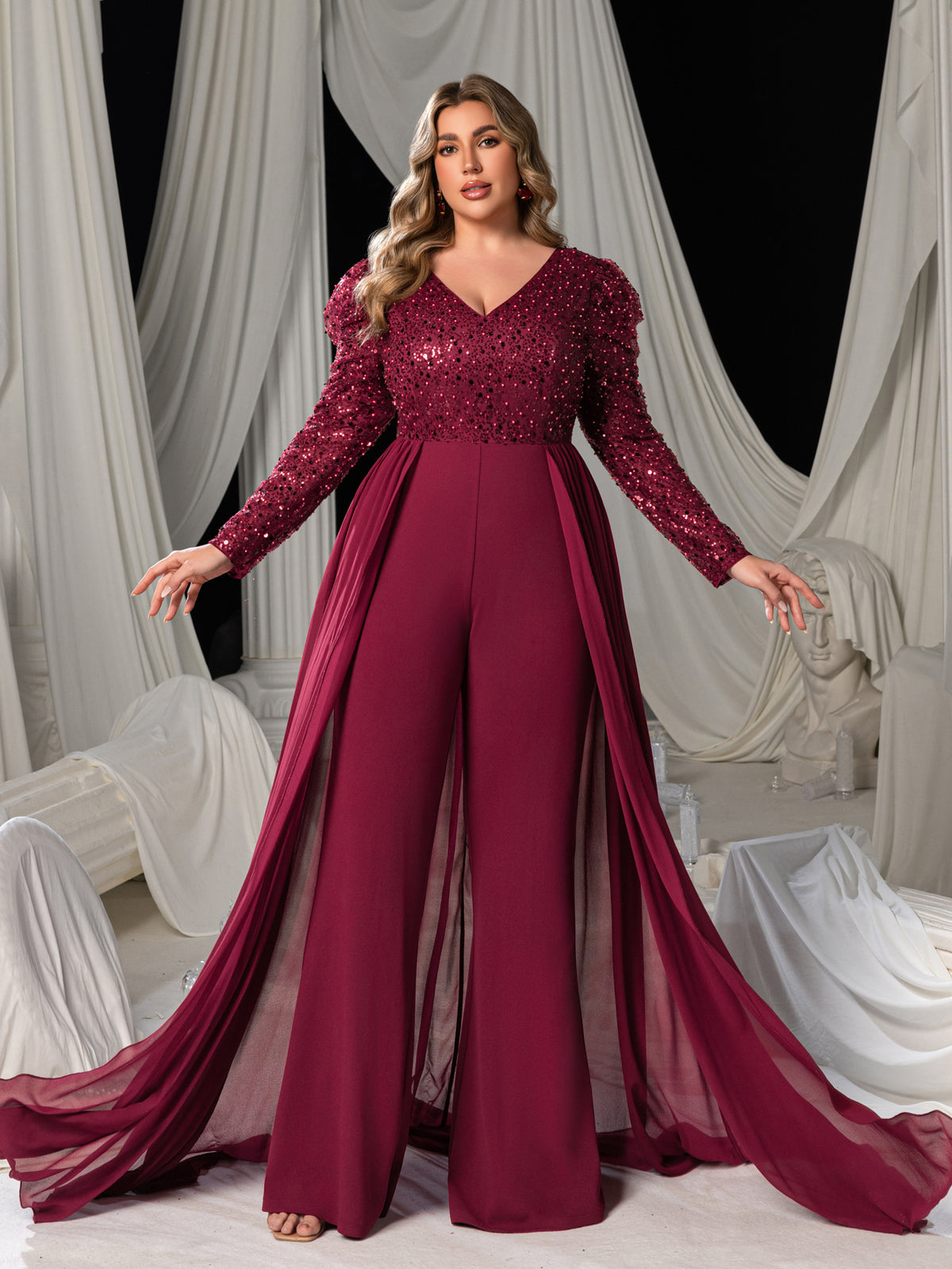 Plus V Neck Gigot Sleeves Sequin Prom Jumpsuit