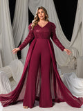 Plus V Neck Gigot Sleeves Sequin Prom Jumpsuit