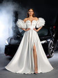 Gorgeous Off Shoulder Puff Sleeves Split Satin A-line Wedding Dress