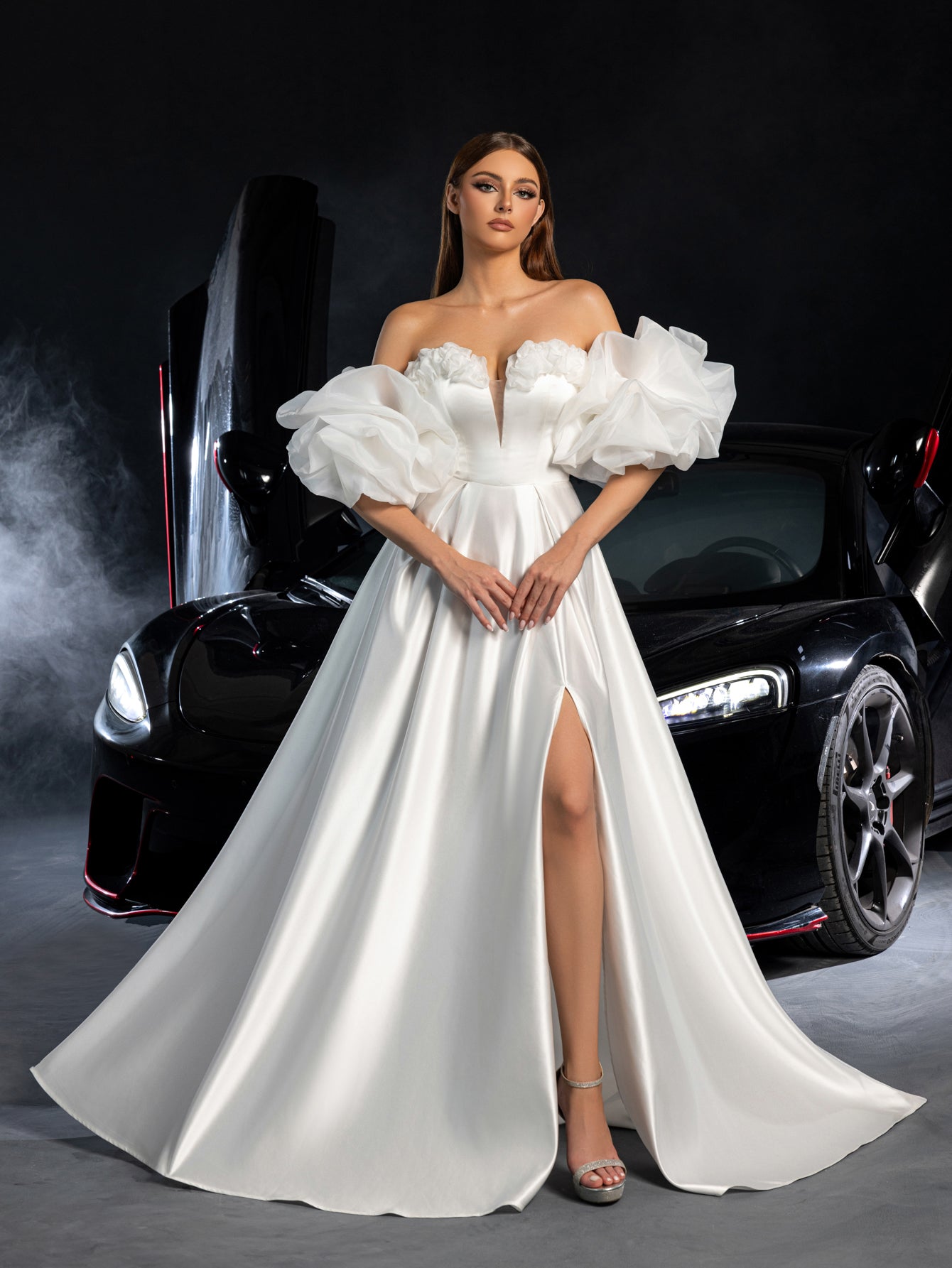 Gorgeous Off Shoulder Puff Sleeves Split Satin A-line Wedding Dress