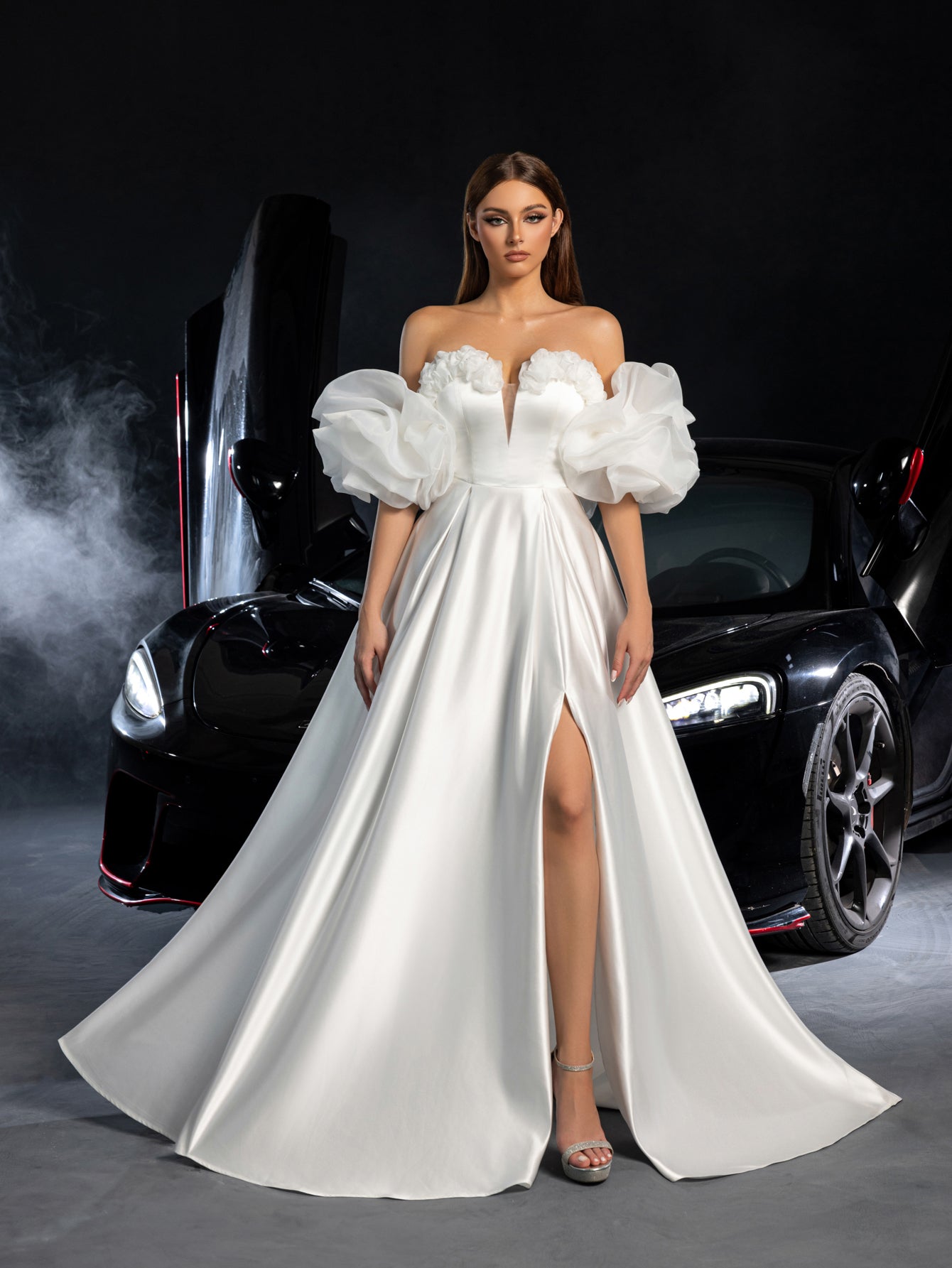 Gorgeous Off Shoulder Puff Sleeves Split Satin A-line Wedding Dress