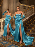 Elegant Rhinestone Detail Split Satin Formal Party Tube Dress （Gloves Included）