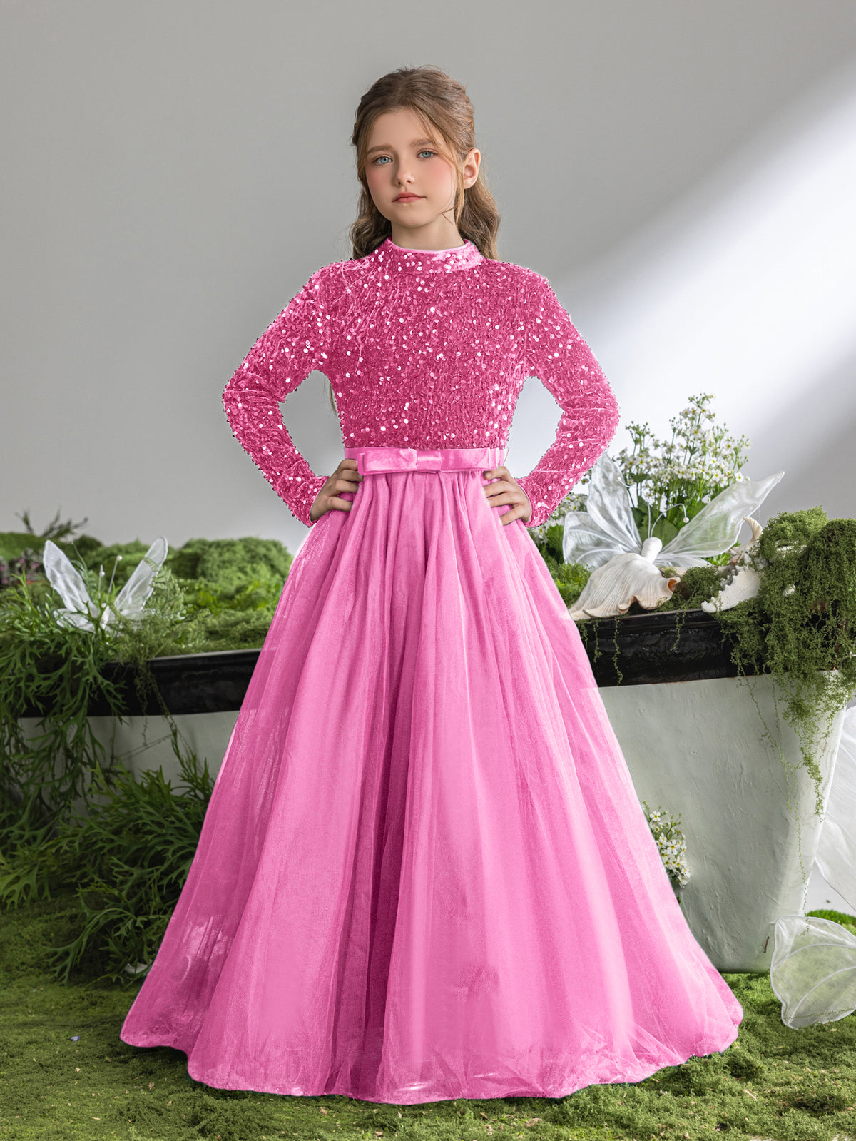 Tween Girls' Mock Neck Bow Detail Sequin Party Dress