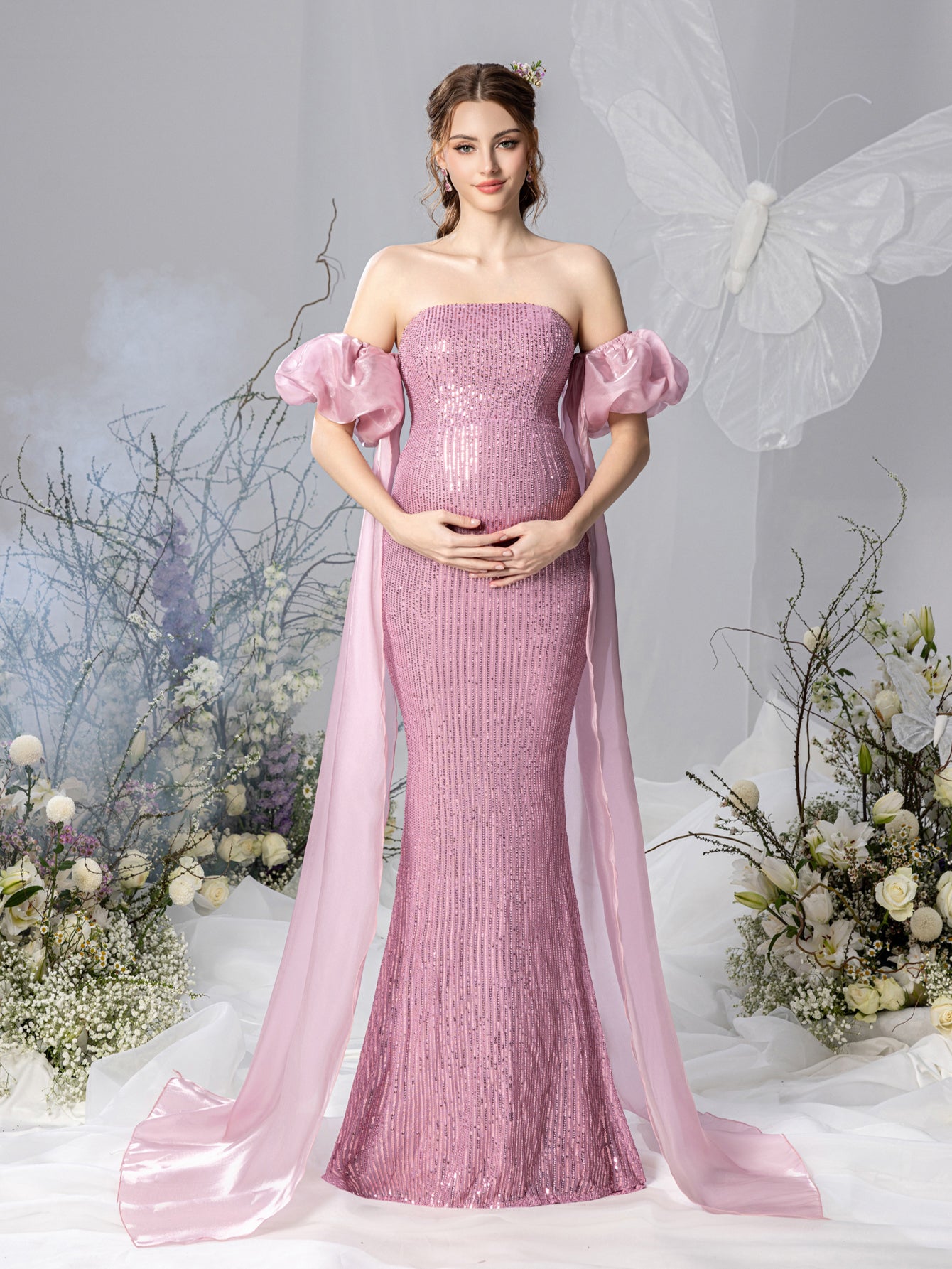 Maternity Strapless Mermaid Hem Sequin Evening Dress