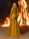 Plus Square Neck Sequin Evening Gown | Puff Sleeve & Mermaid Hem with Mesh Insert