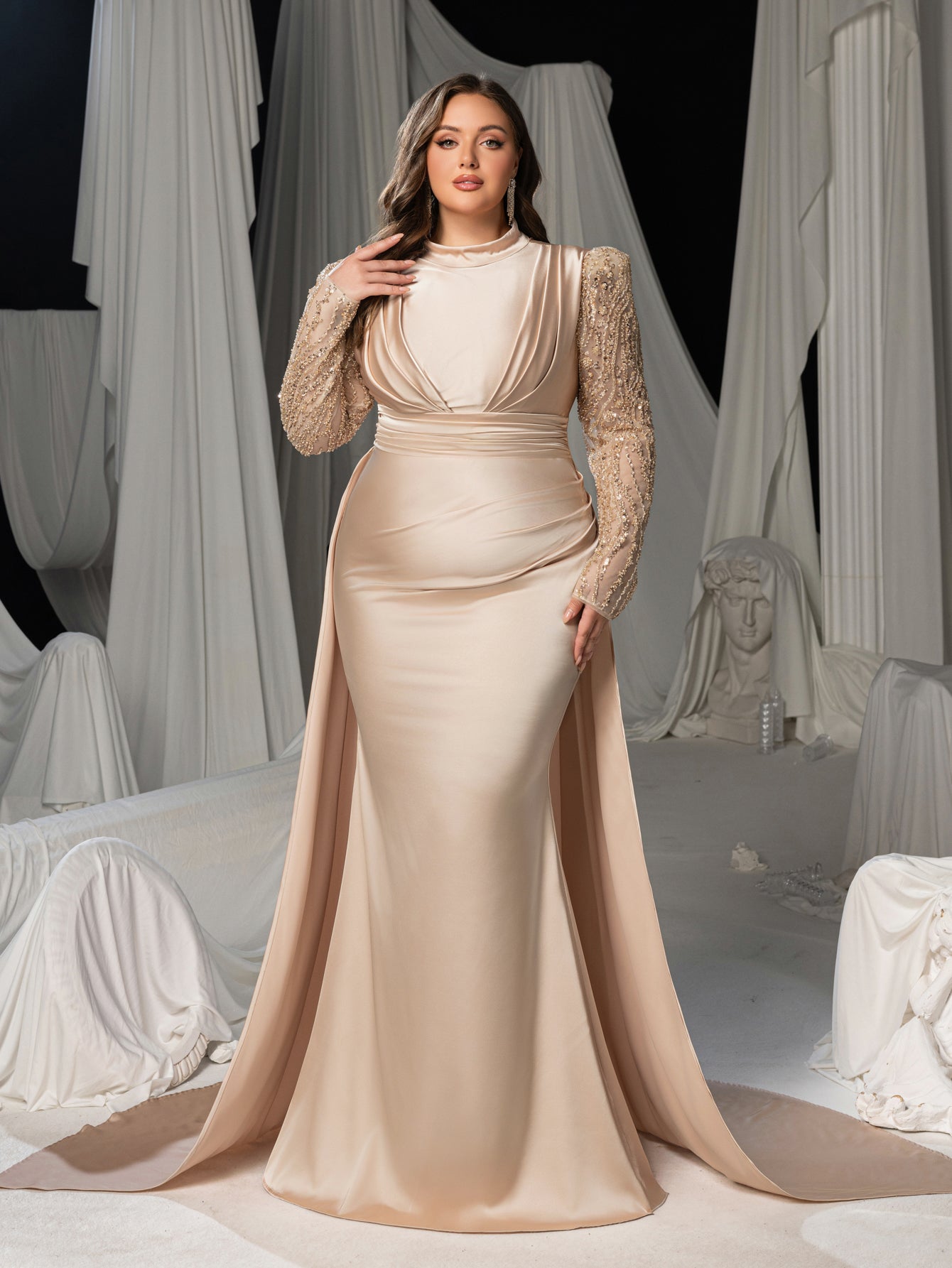 Plus Luxury Sequin Sleeves Mock Neck Ruched Front Mermaid Hem Formal Dress