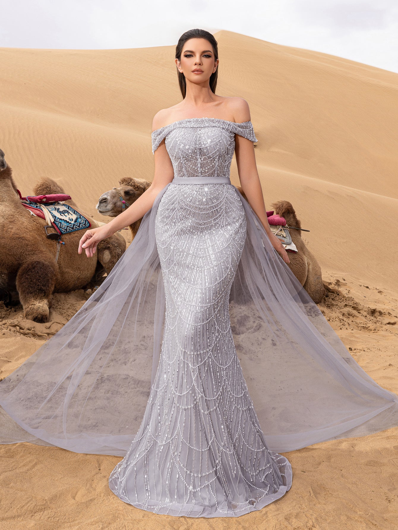 Luxury Off Shoulder Tulle Overlay Mermaid Hem Beaded Seuqin Evening Dress