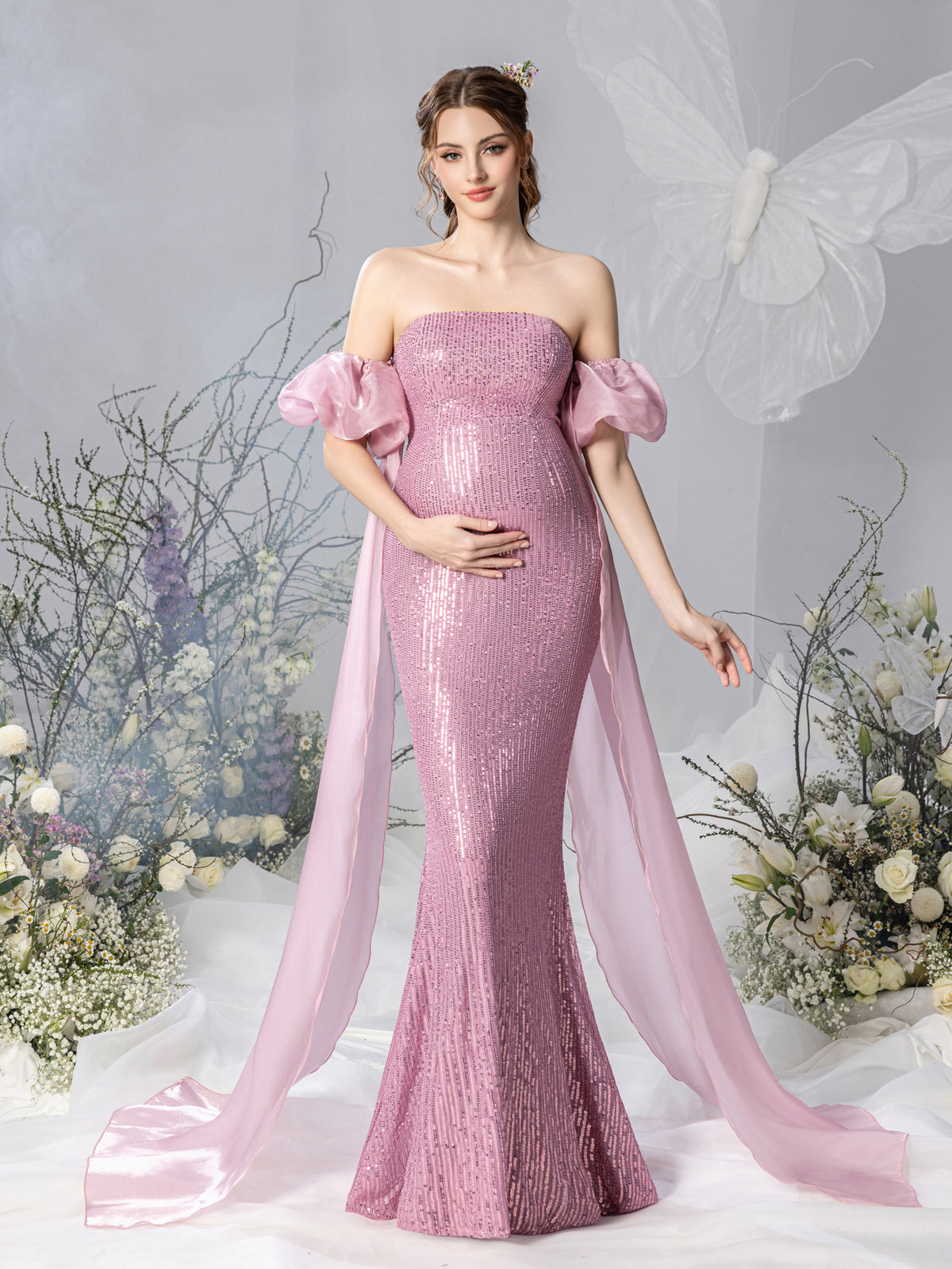 Maternity Strapless Mermaid Hem Sequin Evening Dress