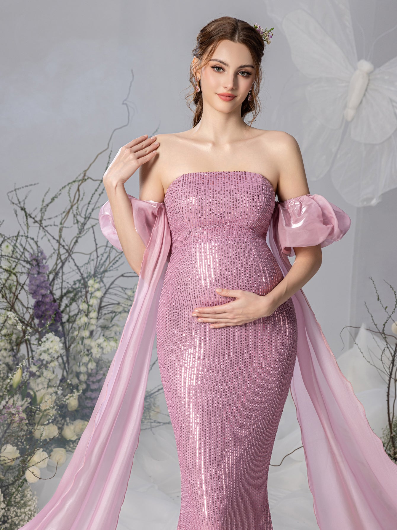 Maternity Strapless Mermaid Hem Sequin Evening Dress