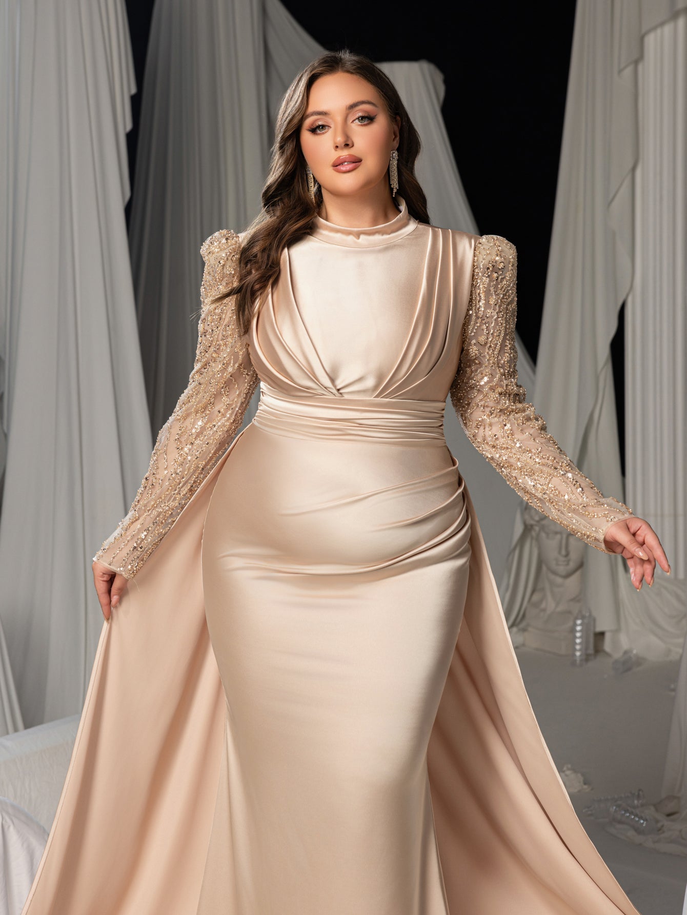 Plus Luxury Sequin Sleeves Mock Neck Ruched Front Mermaid Hem Formal Dress